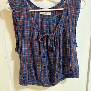 Doen Blue and Red Sleeveless Tie Front Traveler Top